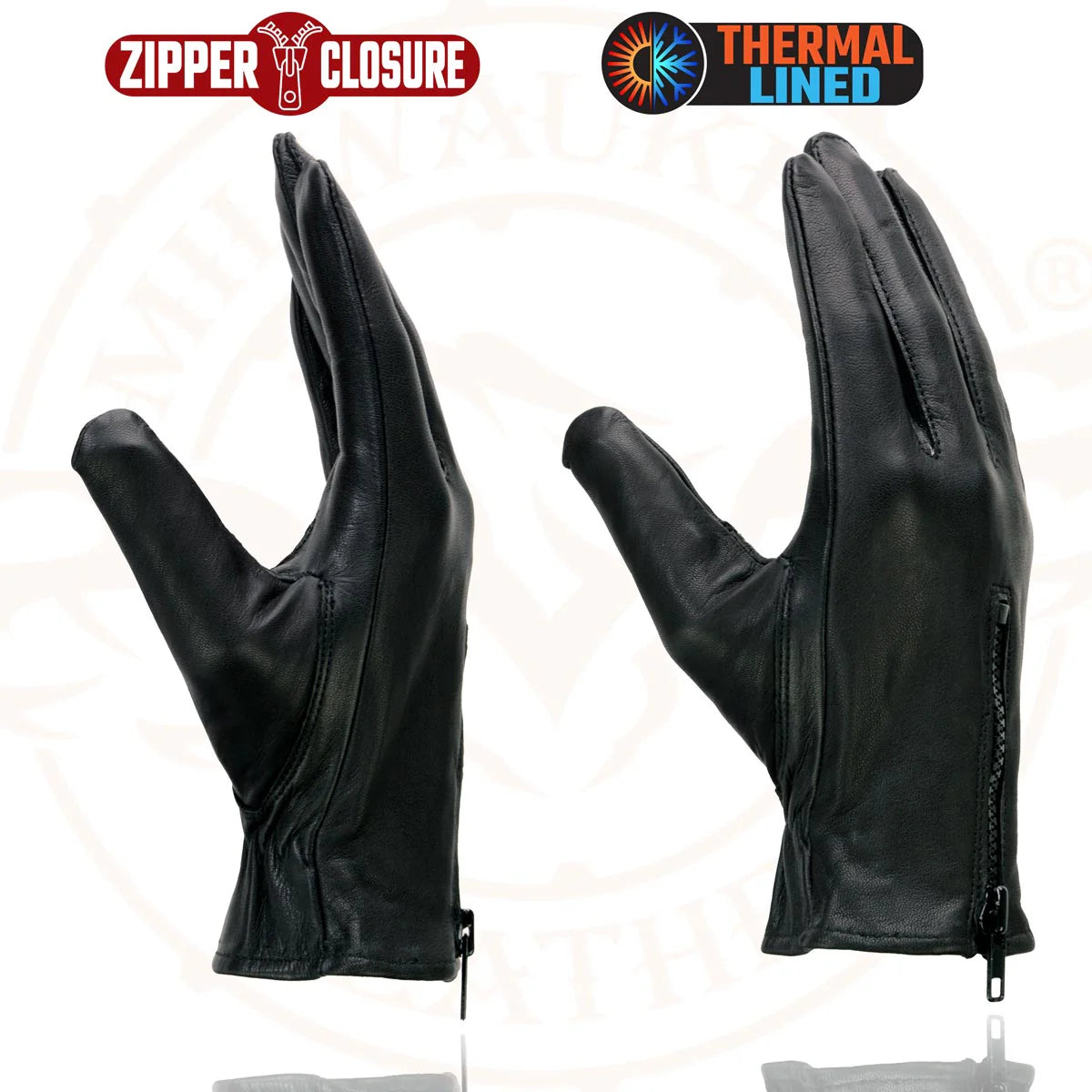 Gloves (SH226TH) - Men’s Milwaukee Leather SH226TH Men's Black Thermal Lined Leather Motorcycle Hand Gloves W/ Wrist Zipper Closure