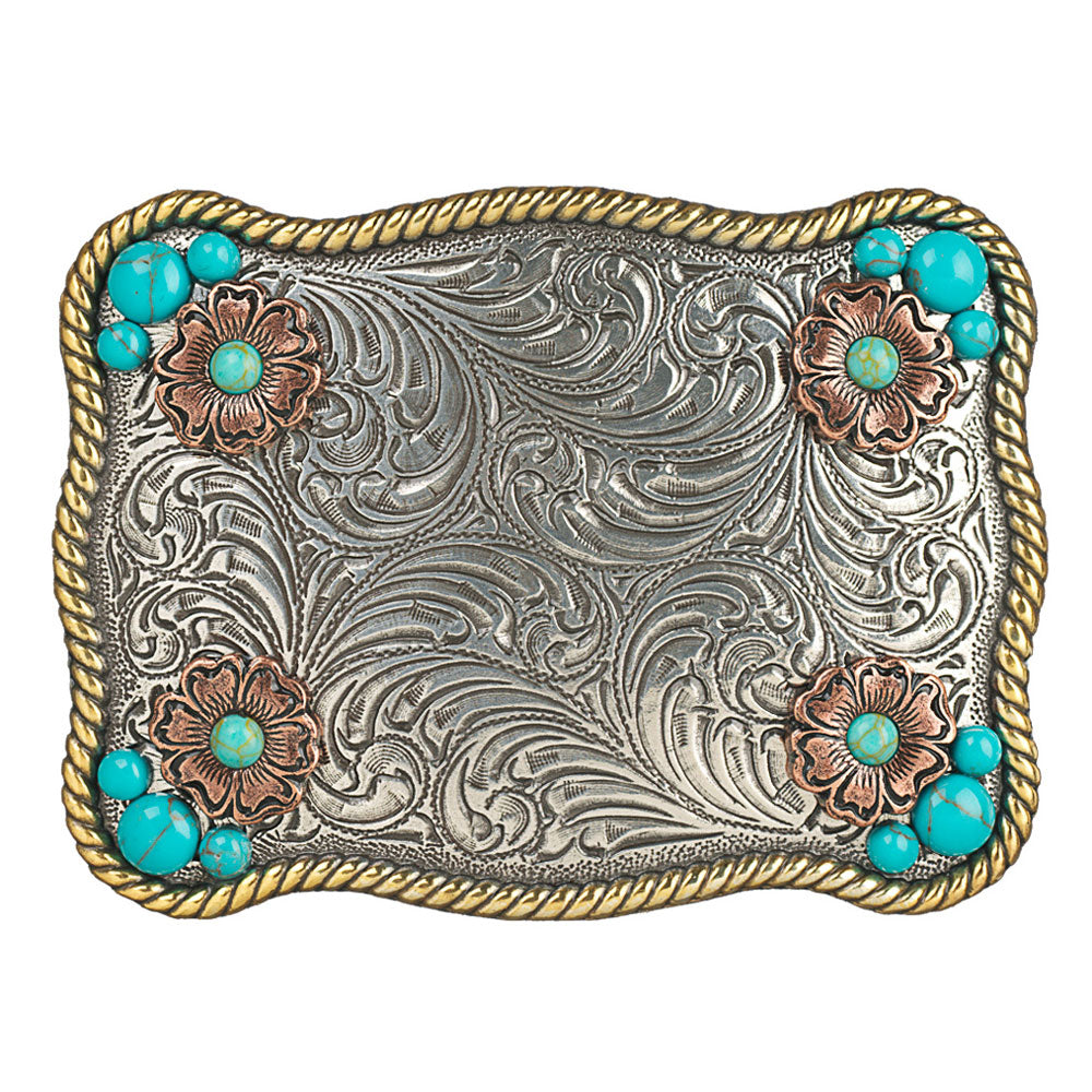 Buckle (37929) - Blazin Roxx Rectangle Flower Western Belt Buckle With Turquoise