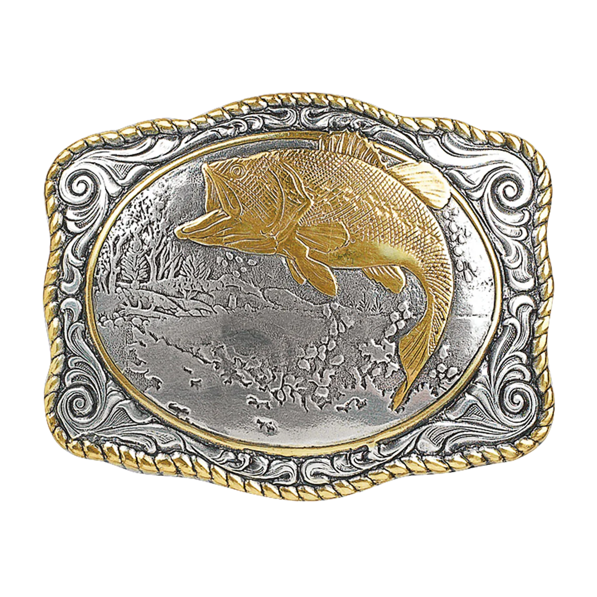 Buckle (38056) - Crumrine Rectangle Silver/Gold Two Toned Bass Fish Belt Buckle