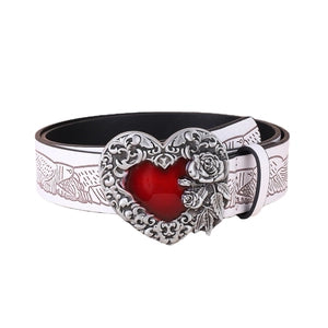 Belt (466607) Women Vintage Heart Buckle PU Leather / Belt Red Enamel Rose Carving - NEW