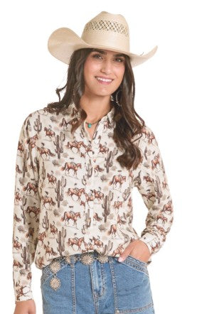 Top Women's SZN-2026 (LWB250 8851) - Panhandle Slim Long Sleeve Cactus & Cowgirl Challis Print