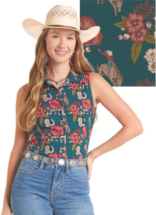 Top Women's SZN-2026 (LWN250 8856) - Panhandle Slim Steer Sleeveless Cowgirl Floral Challis Print