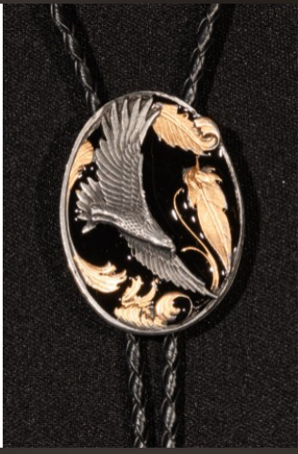 Bolo Tie SO (1136) - Silver Eagle Gold leaves, Black enamel