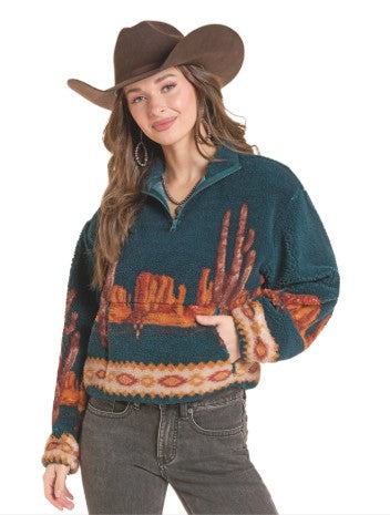 Jacket Women's SZN-OCT26 (BW91C09995) Rock & Roll Cactus Scenery Print 1/4 Zip Sherpa