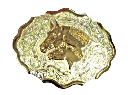 Buckle (C00142) - Crumrine Oval Silver/Gold Mare & Colt Heads Belt Buckle