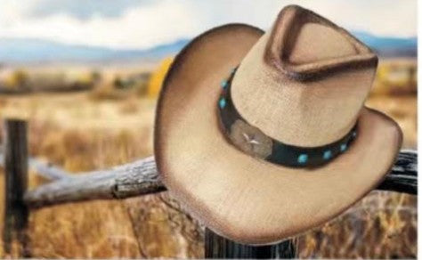 Hat CCL (CB300) Western Straw Hats - Hatband has Metal Star and Turquoise Stones.
