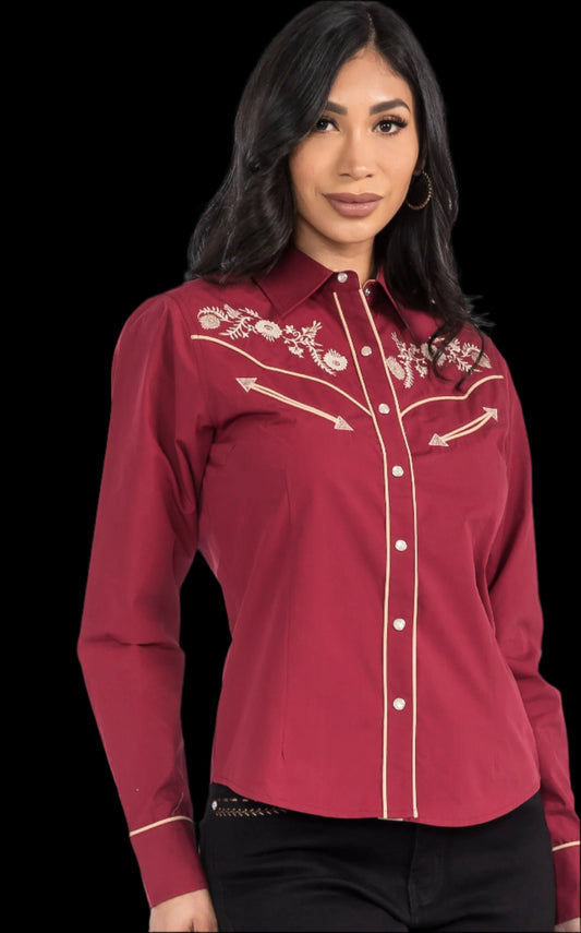 Top Women's (ES-5140) - Western Pearl Snap Button Up Shirt Floral Embroidery