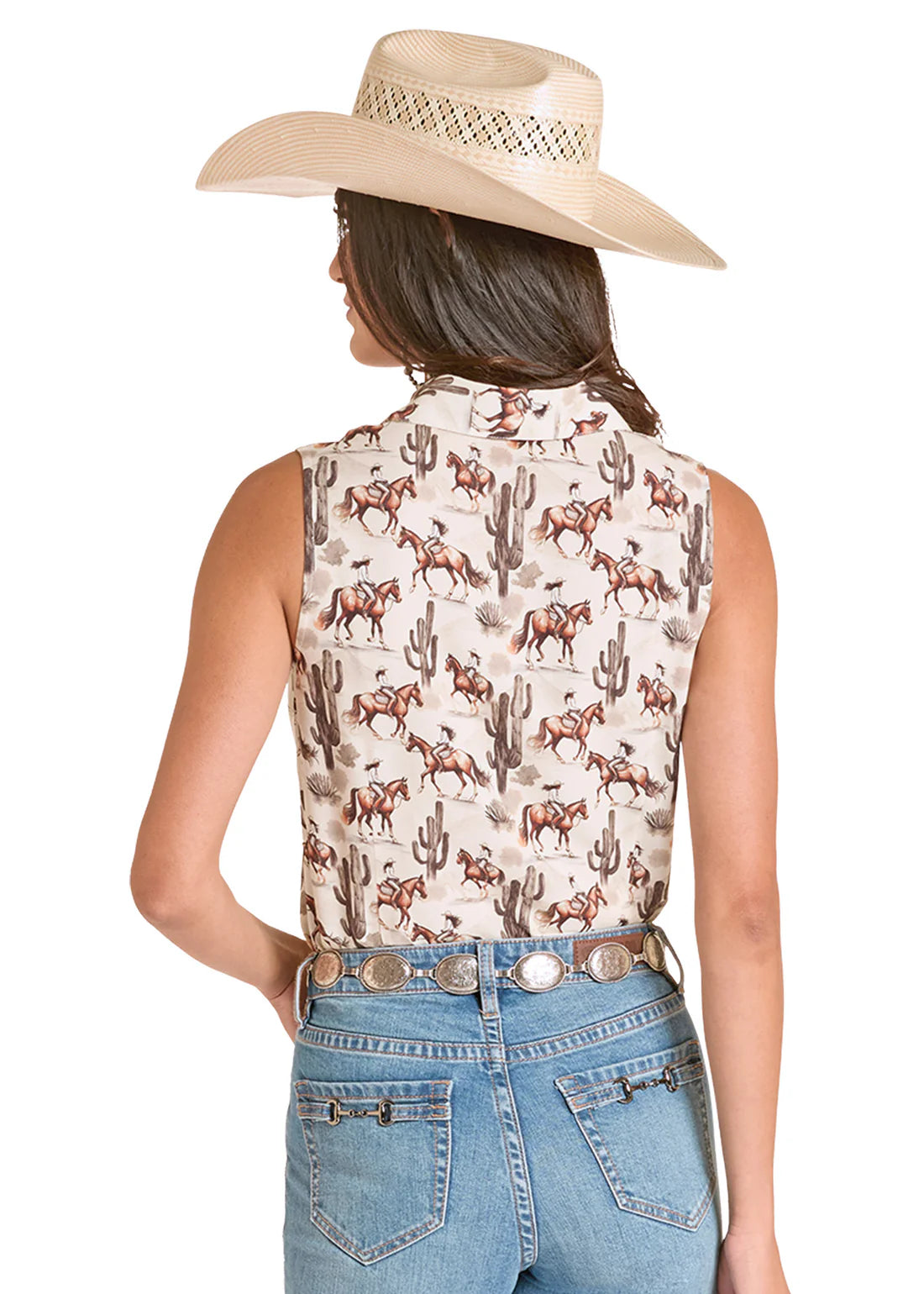 Top Women's SZN-2026 (LWB0S08851) - Panhandle Slim Sleeveless Cactus & Cowgirl Challis Print NEW