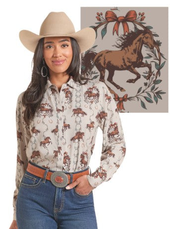 Top Women's SZN-OCT26 (LWB2S10247) - Panhandle Slim Long Sleeve Floral Horse Print