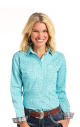 Top Women's SZN-2026 (R4B6447) - Panhandle Slim Print Shirt - Bright Turquoise