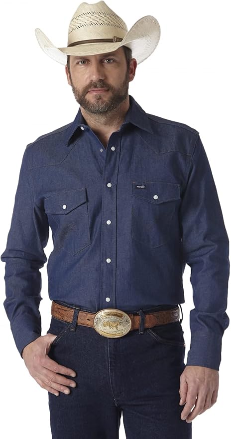 Top Men's (MS1041D) - Wrangler®  Wrangler® Men's Dark Denim Long Sleeve Shirt With Pearl Snaps