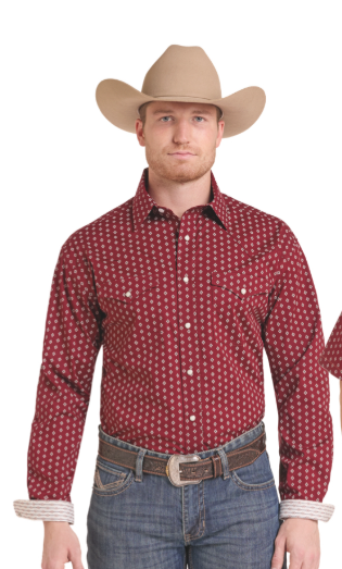 Top Men's *DNO (RMN2SO 9541) Long Sleeve Geometric Print Shirt - Red