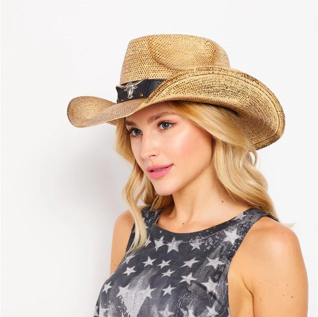 Hat (TX2320) - Toyo Straw Western Hat with Longhorn in Tea Stain