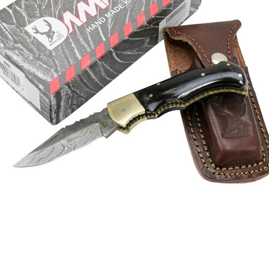 Knife (SH-9986) - Damascus Blade, Brass Bolster & Horn Handle