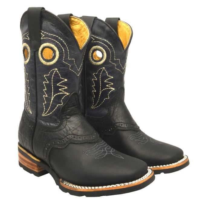 Boot Kids (3001) - Kid's Rodeo Boots - Bull Black/White Stitching
