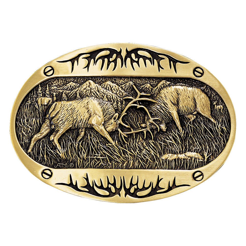 Buckle (60800C) - Montana Silversmiths Fighting Elk Brass Heritage Attitude Belt Buckle