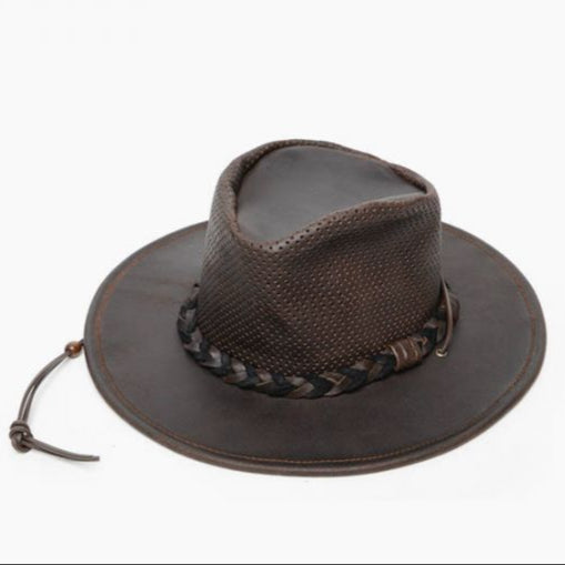 Hat (9533) - Airflow Leather Fold-Up Outback - Dark Brown