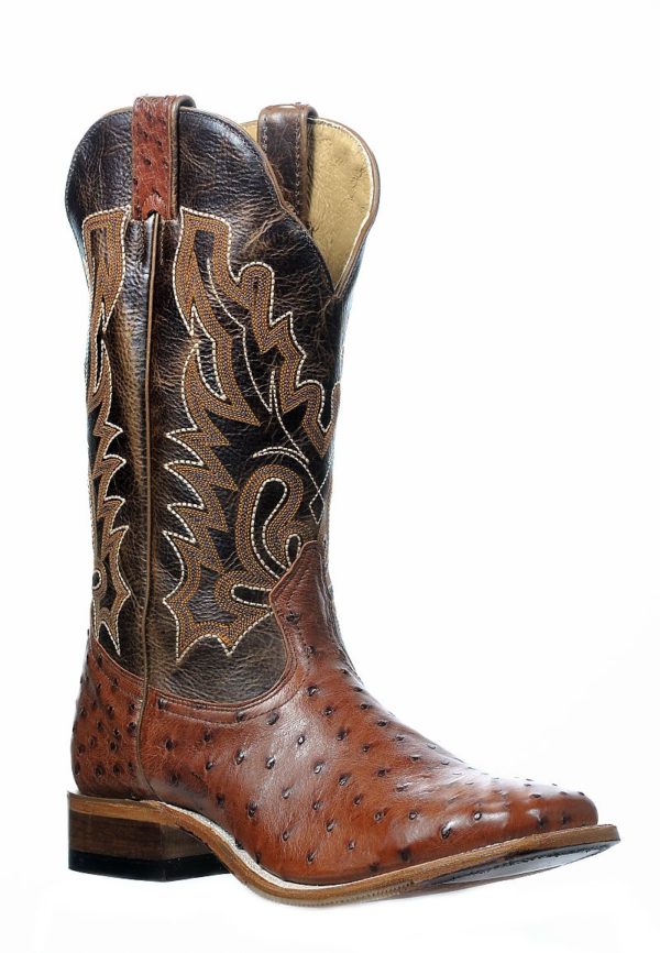 Boot Men's SO (0582) - Boulet 13" Exotic Wide Square Toe Boot in Ostrich Brandy & Damiana Moka