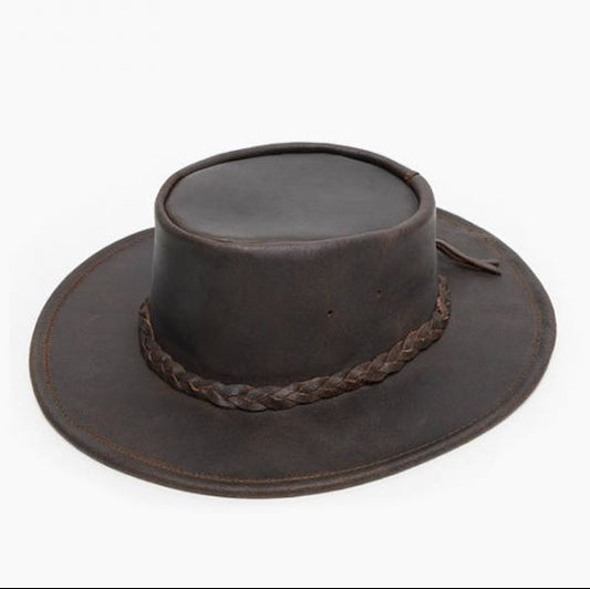 Hat (9523) - Minnetonka Fold Up Leather Braid Hat - Dark Brown