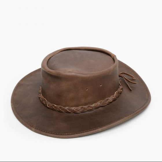Hat (9525) - Minnetonka Fold Up Leather Braid Hat - Smokey Tan