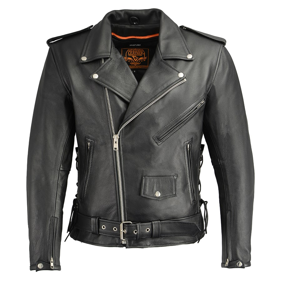 Leather Jacket (LKM1711) - Men’s Police Style with Gun Pockets