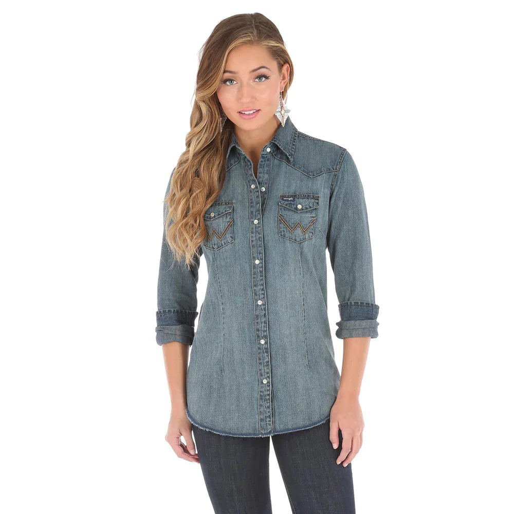 Wrangler denim hot sale snap button shirt