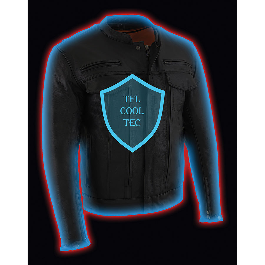 Leather Jacket (MLM1506) - Men's Vented Scooter Jacket w/ Cool Tec Leather & Utility Pockets