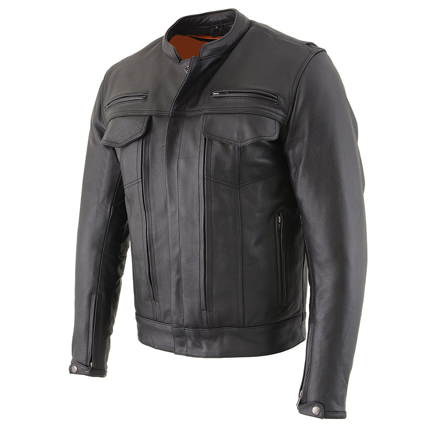 Leather Jacket (MLM1506) - Men's Vented Scooter Jacket w/ Cool Tec Leather & Utility Pockets