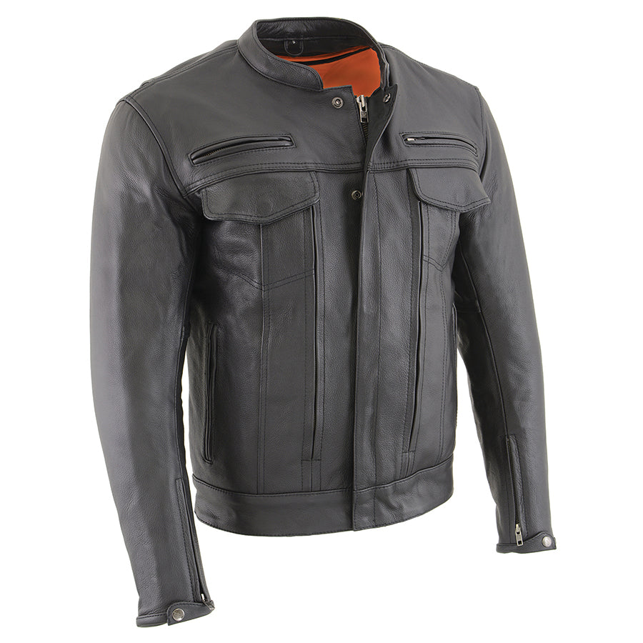 Leather Jacket (MLM1506) - Men's Vented Scooter Jacket w/ Cool Tec Leather & Utility Pockets