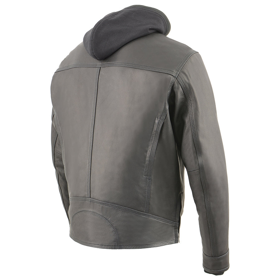 Leather Jacket (MLM1552) - Men’s Lightweight Scooter Jacket w/ Full Sleeve Removable Hoodie