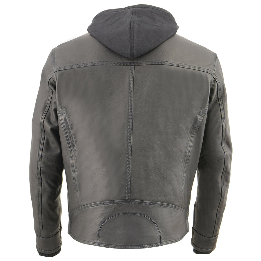 Leather Jacket (MLM1552) - Men’s Lightweight Scooter Jacket w/ Full Sleeve Removable Hoodie