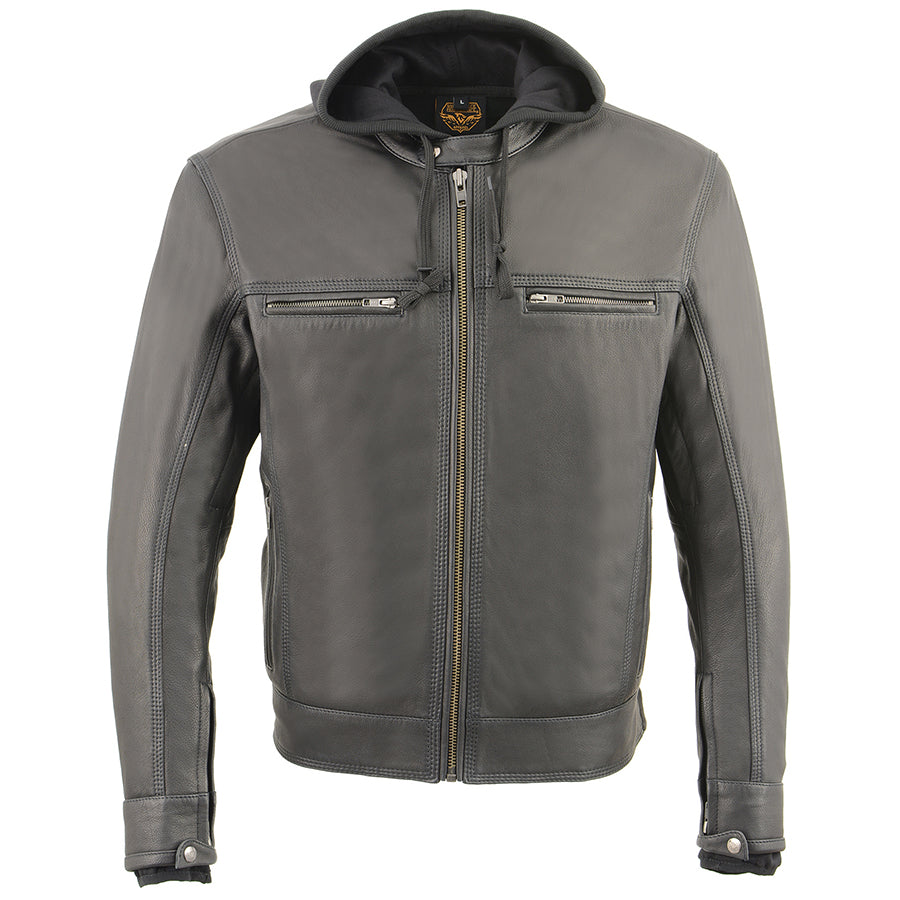 Leather Jacket (MLM1552) - Men’s Lightweight Scooter Jacket w/ Full Sleeve Removable Hoodie