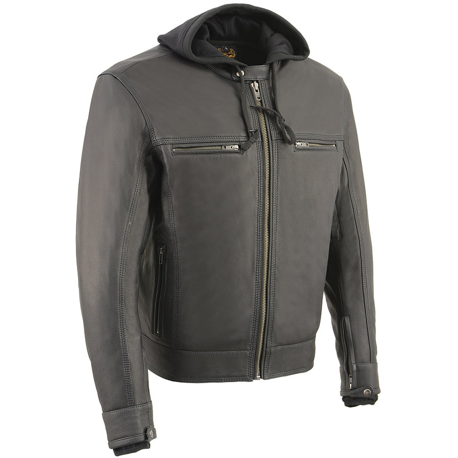 Leather Jacket (MLM1552) - Men’s Lightweight Scooter Jacket w/ Full Sleeve Removable Hoodie