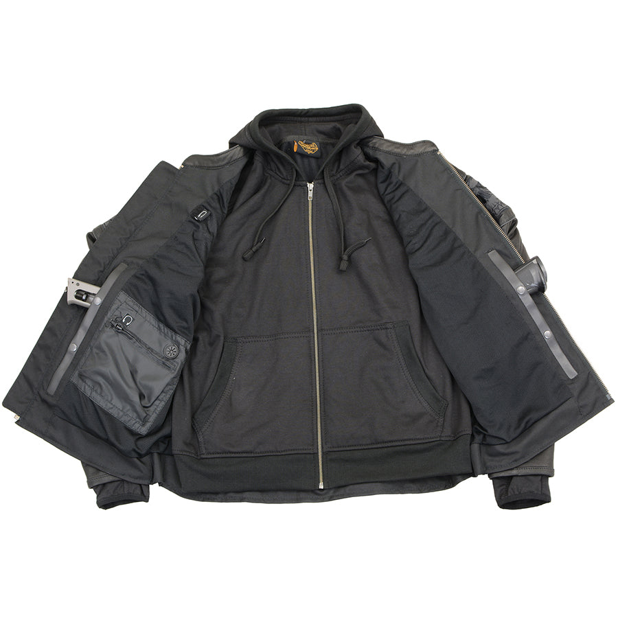 Leather Jacket (MLM1563) - Men’s Scooter Jacket w/ Reflective Skulls & Removable Hoodie