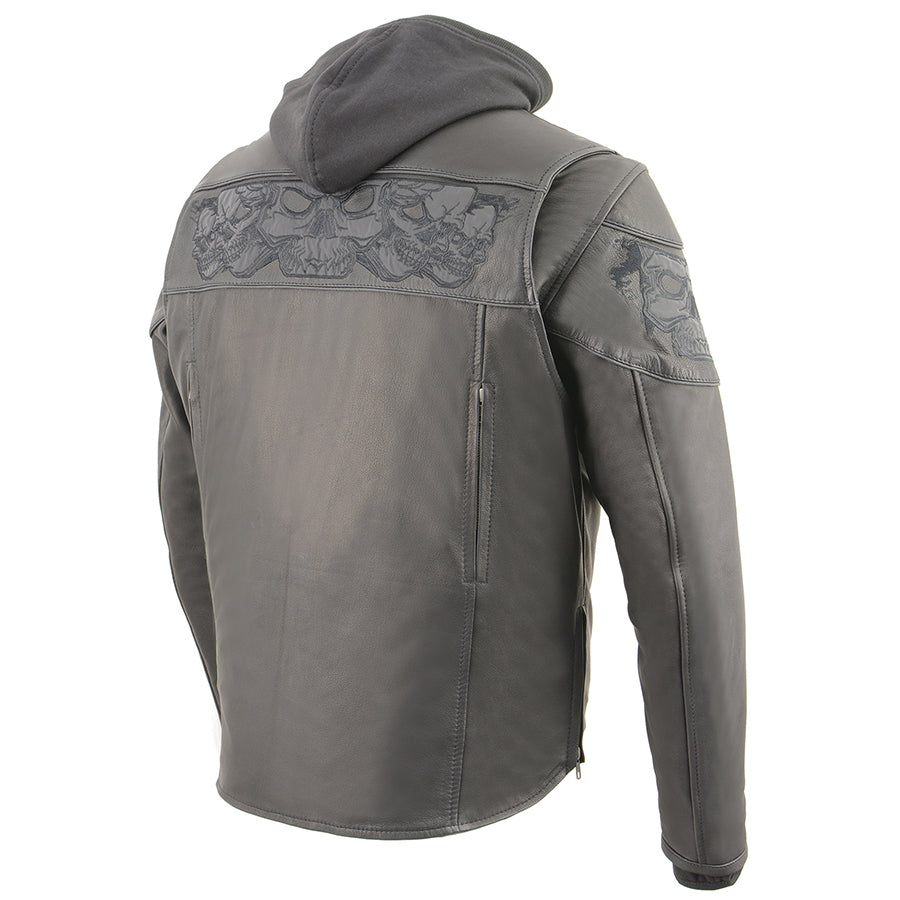 Leather Jacket (MLM1563) - Men’s Scooter Jacket w/ Reflective Skulls & Removable Hoodie