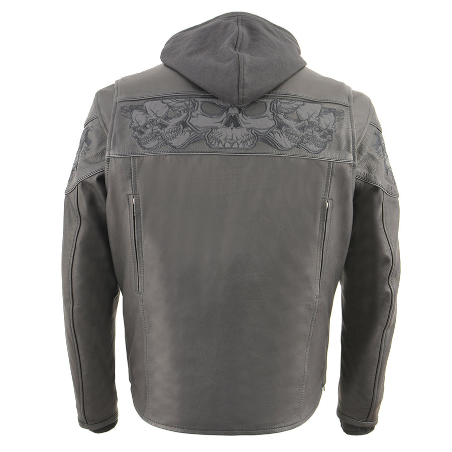 Leather Jacket (MLM1563) - Men’s Scooter Jacket w/ Reflective Skulls & Removable Hoodie
