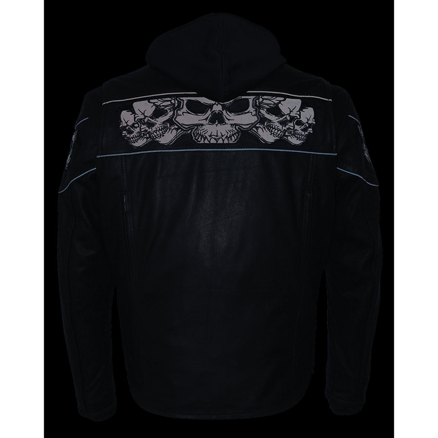 Leather Jacket (MLM1563) - Men’s Scooter Jacket w/ Reflective Skulls & Removable Hoodie