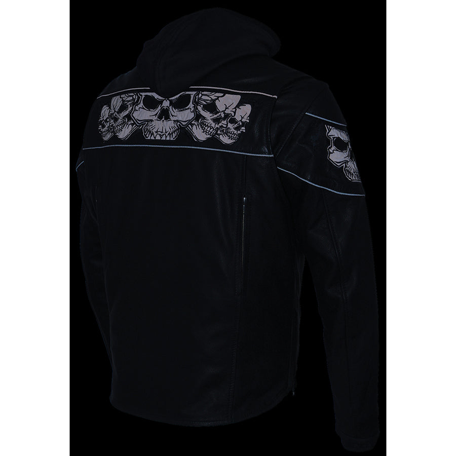 Leather Jacket (MLM1563) - Men’s Scooter Jacket w/ Reflective Skulls & Removable Hoodie