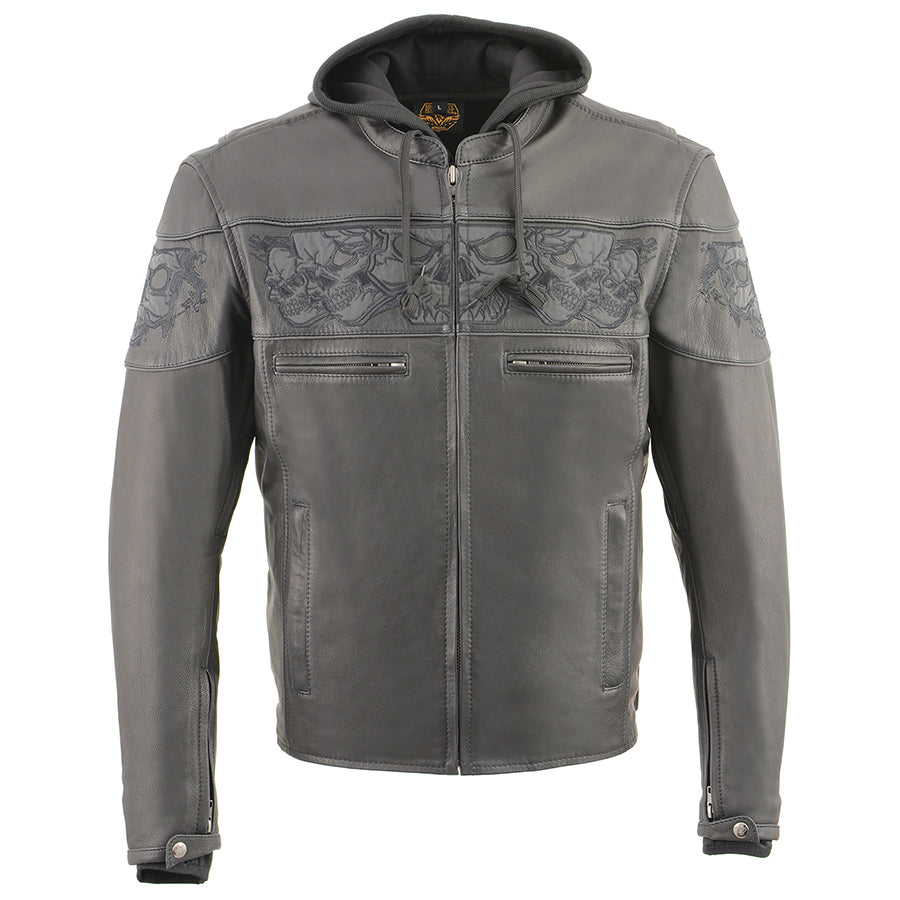 Leather Jacket (MLM1563) - Men’s Scooter Jacket w/ Reflective Skulls & Removable Hoodie