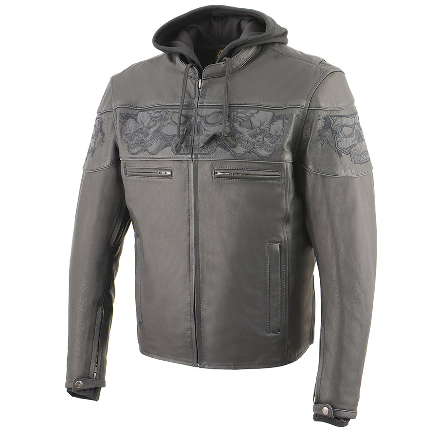 Leather Jacket (MLM1563) - Men’s Scooter Jacket w/ Reflective Skulls & Removable Hoodie