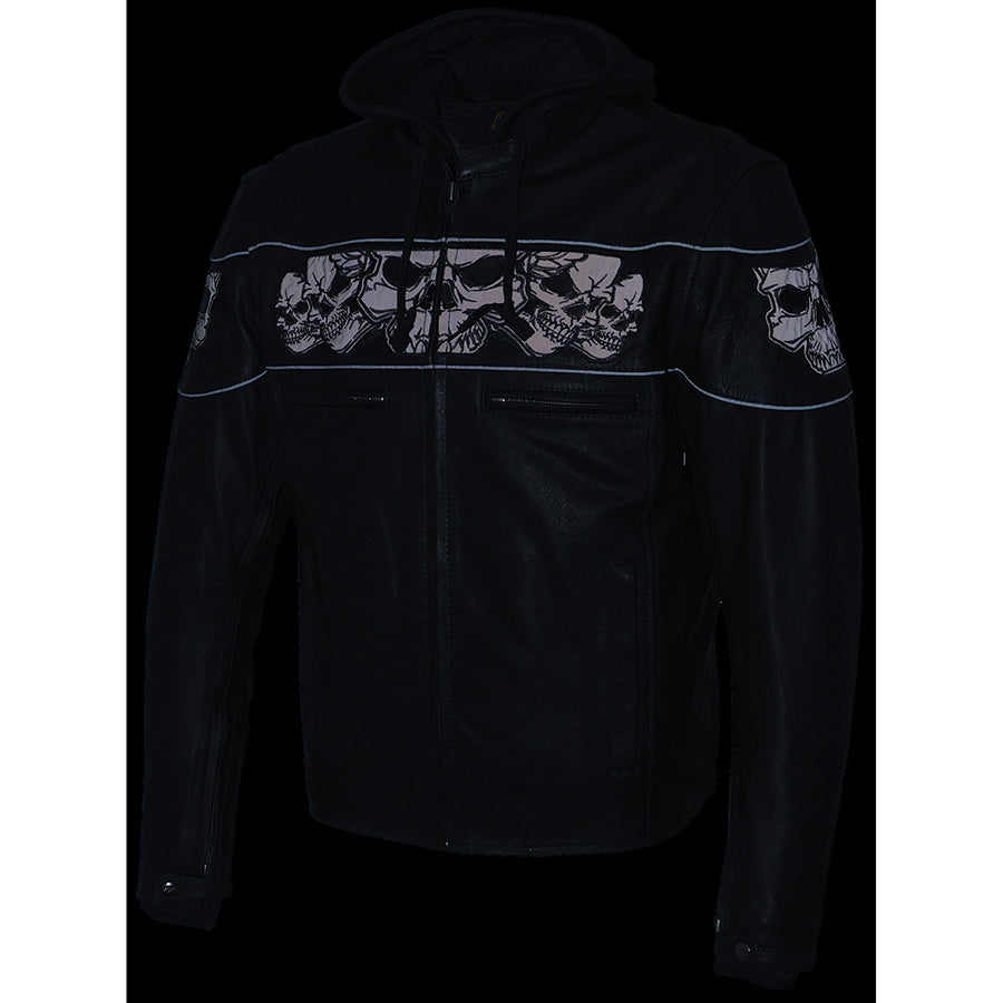 Leather Jacket (MLM1563) - Men’s Scooter Jacket w/ Reflective Skulls & Removable Hoodie