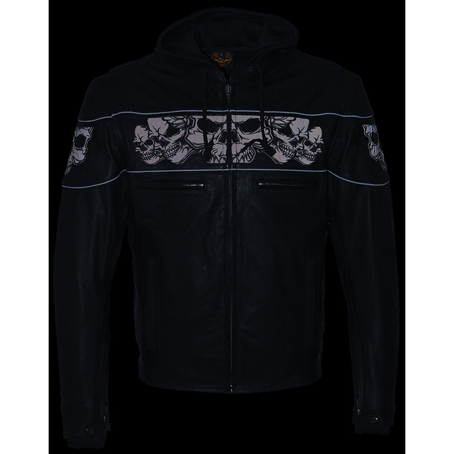 Leather Jacket (MLM1563) - Men’s Scooter Jacket w/ Reflective Skulls & Removable Hoodie