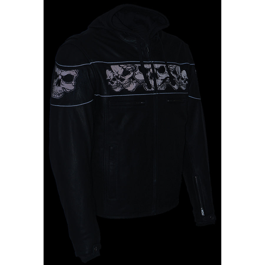Leather Jacket (MLM1563) - Men’s Scooter Jacket w/ Reflective Skulls & Removable Hoodie
