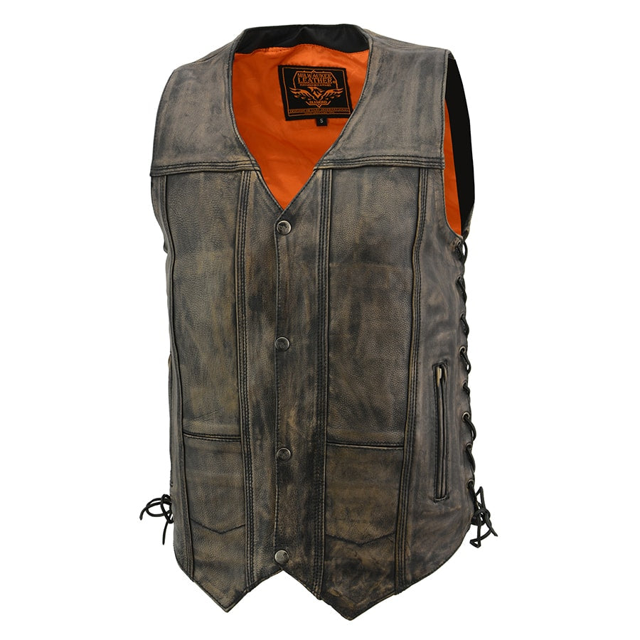 Leather Vest (MLM3540) - Men’s Brown Distressed 10 Pocket Vest