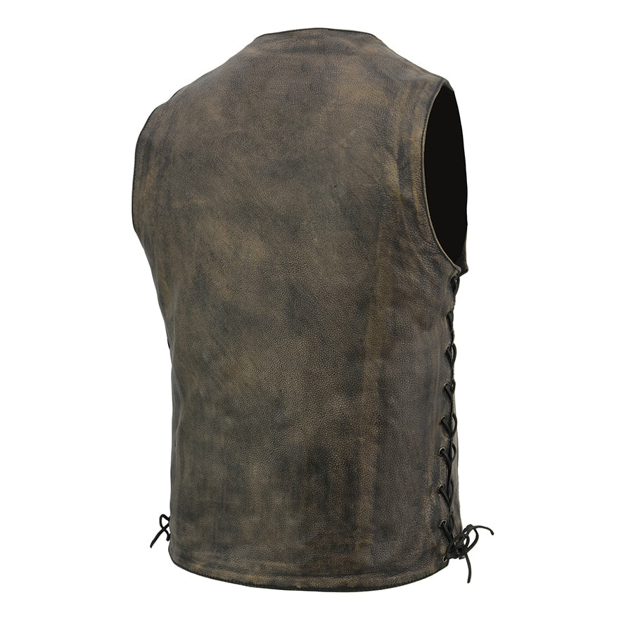 Leather Vest (MLM3540) - Men’s Brown Distressed 10 Pocket Vest