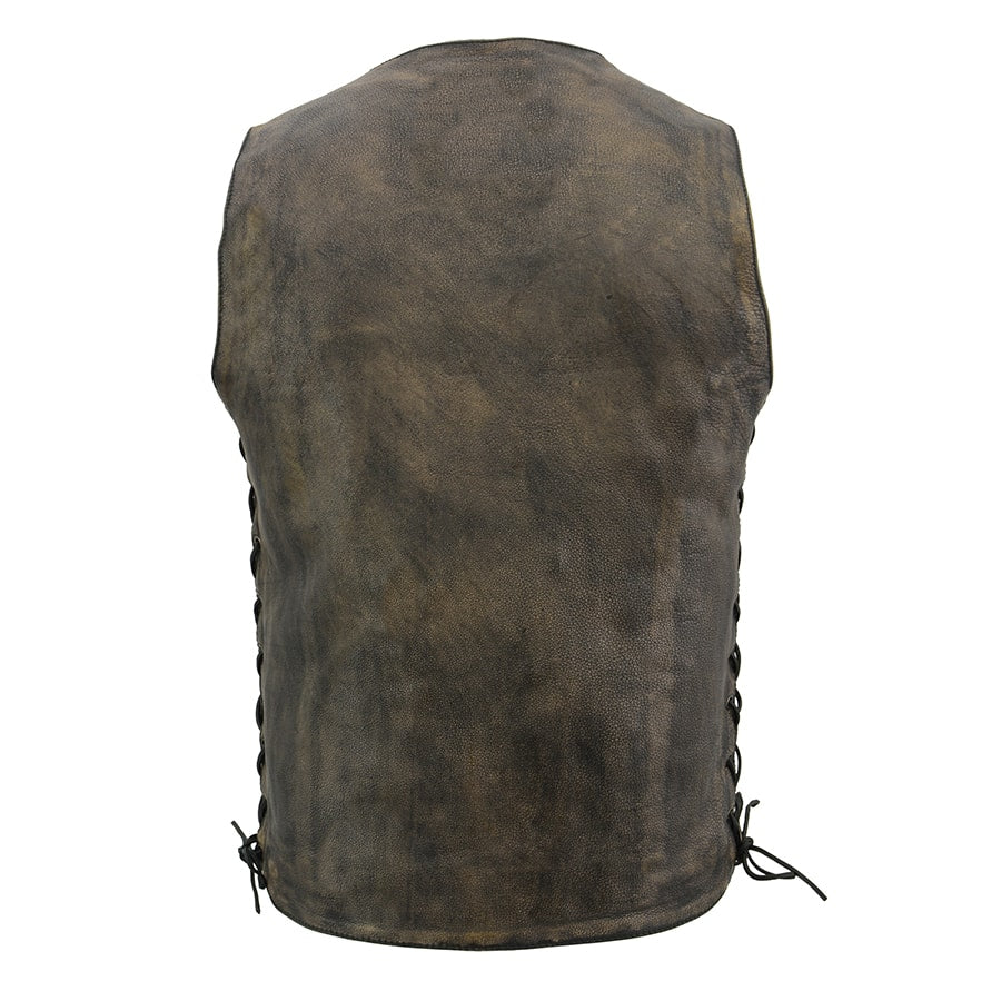 Leather Vest (MLM3540) - Men’s Brown Distressed 10 Pocket Vest