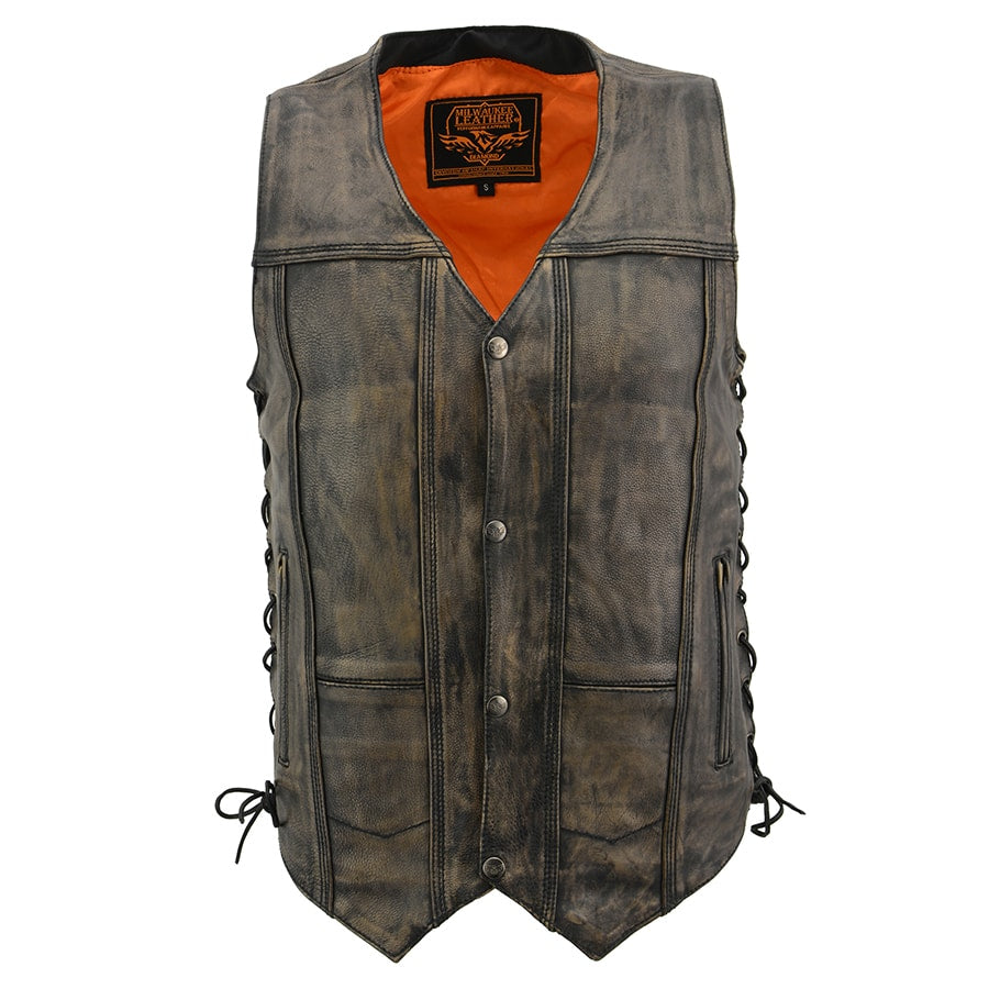 Leather Vest (MLM3540) - Men’s Brown Distressed 10 Pocket Vest