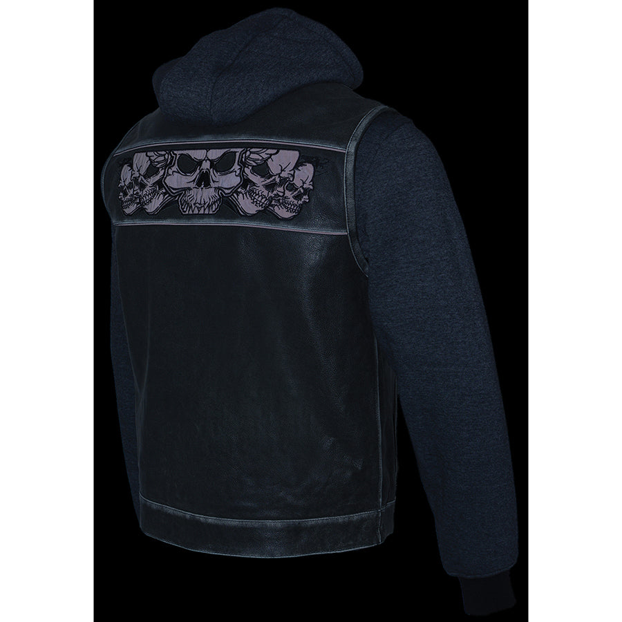 Leather Vest (MLM3563) - Men’s Black Vest with Reflective Skulls & Full Hoodie Liner