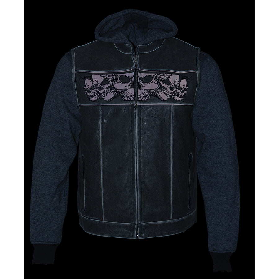 Leather Vest (MLM3563) - Men’s Black Vest with Reflective Skulls & Full Hoodie Liner