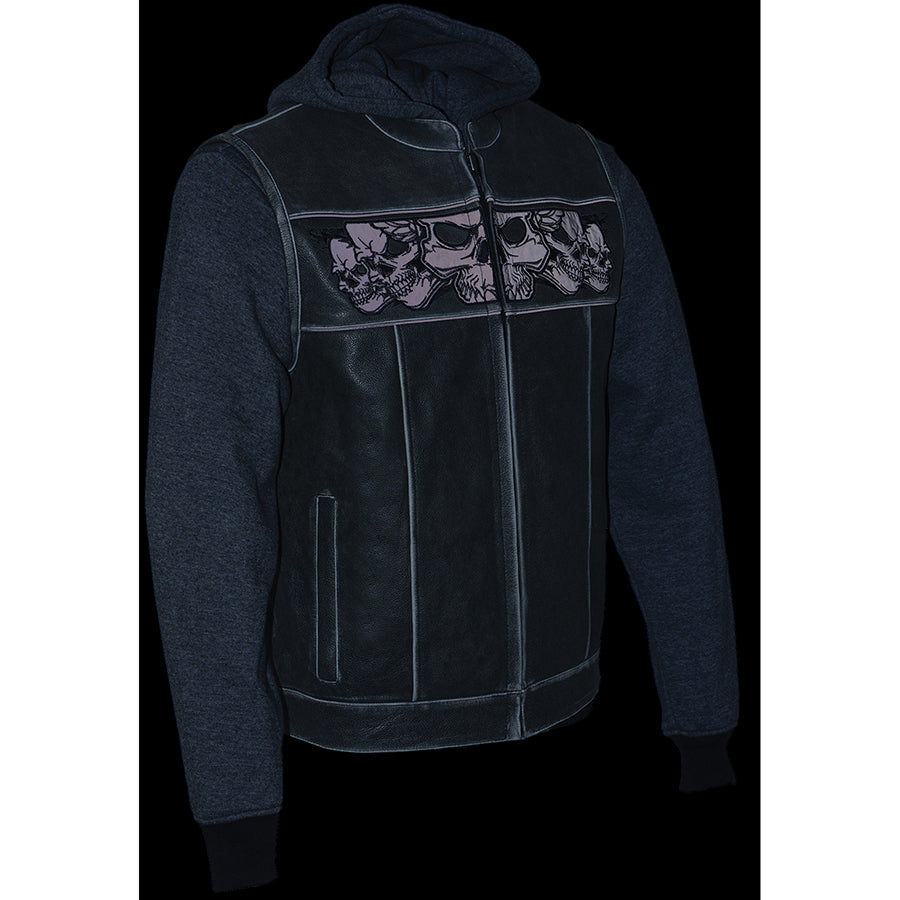 Leather Vest (MLM3563) - Men’s Black Vest with Reflective Skulls & Full Hoodie Liner
